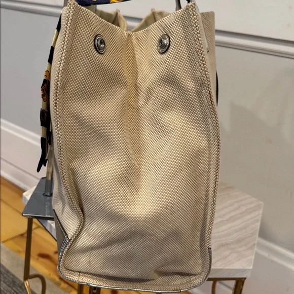 Tory Burch Tote Ella Canvas Silver Cream Logo Bag - Picture 8 of 17